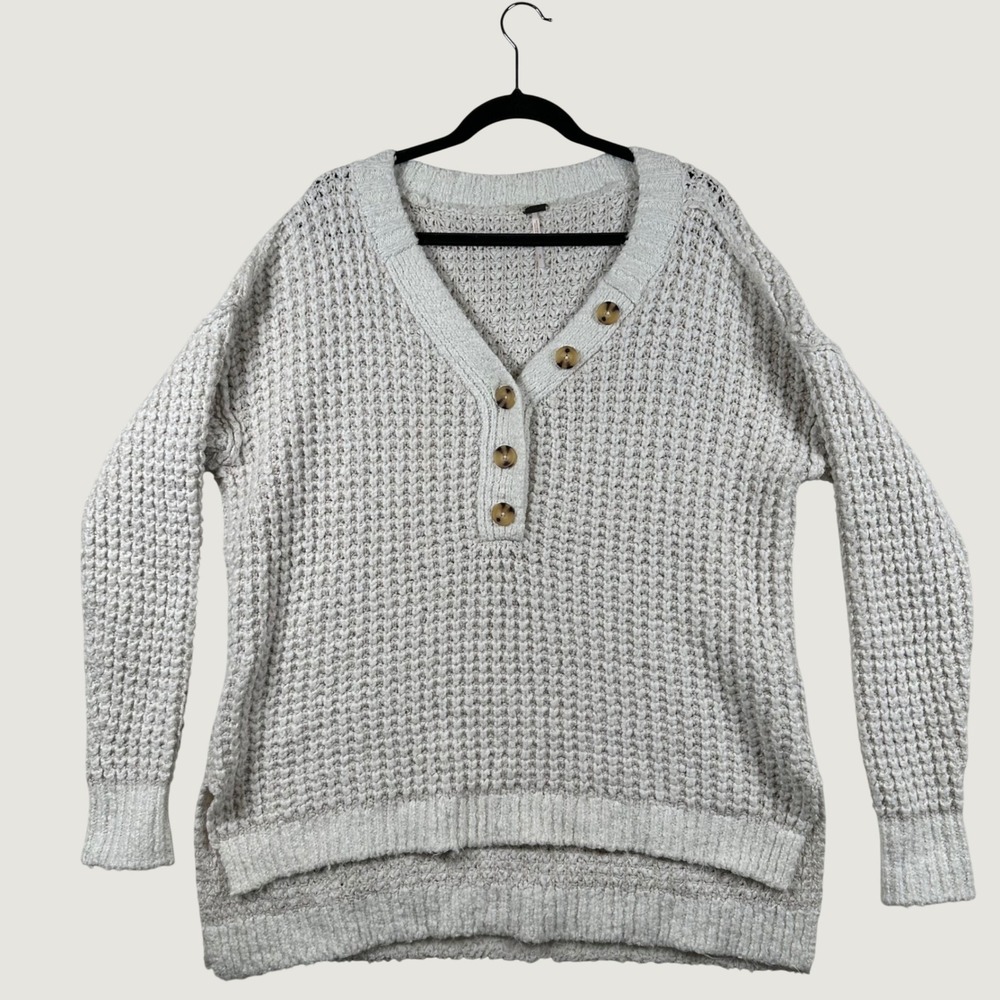 Free People Sweater Whistle Thermal Henley Cream Oversized Chunky Knit Boho S
